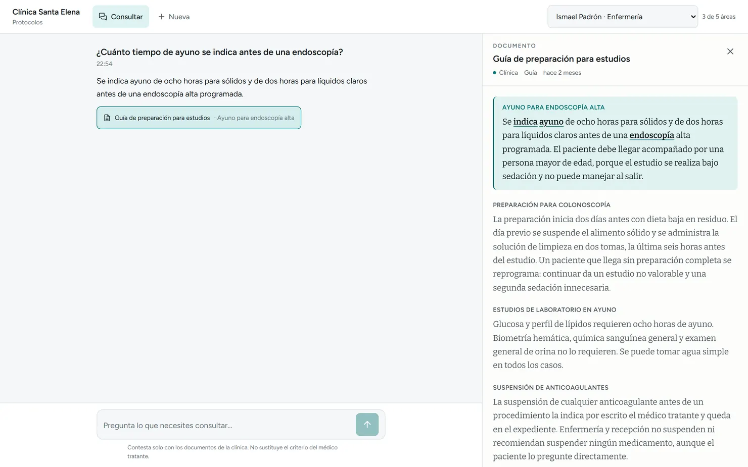 Pantalla del sistema Asistente de protocolos clínicos