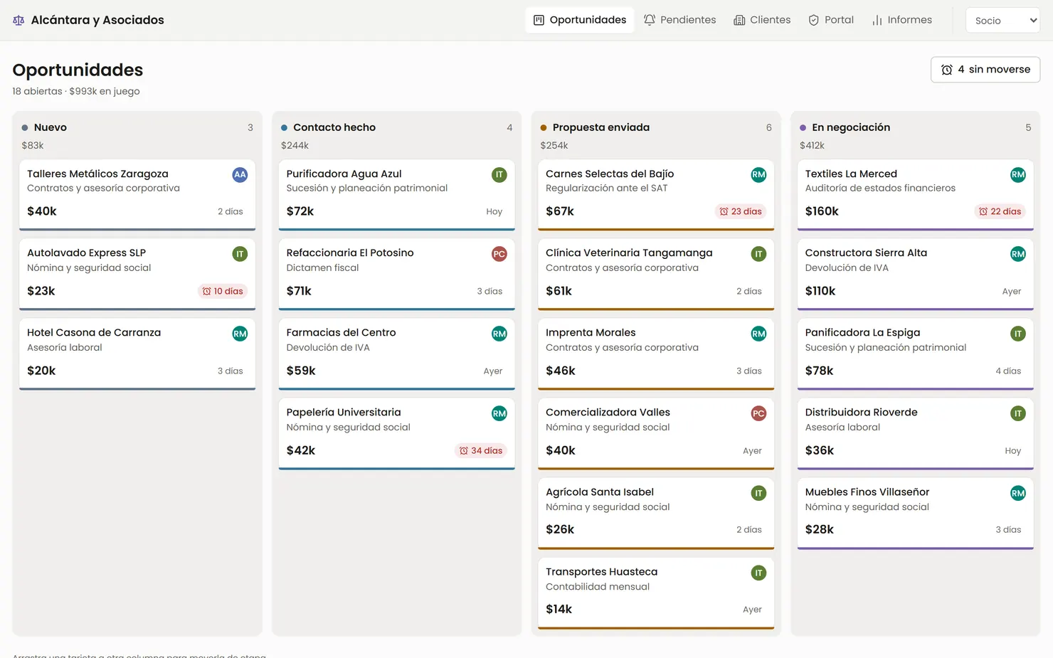 Pantalla del sistema CRM y portal de clientes